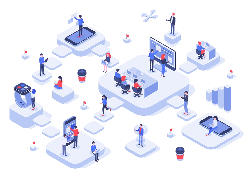 Isometric work team. Cloud workplaces platforms, modern teams workflow process and development company startup 3d vector illustration